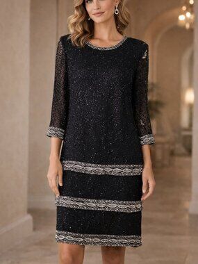 laurence kazar new york silk dress Vintage Laurence Kazar New York Black Beaded Cocktail Dress Gold Silver Pearl XL
